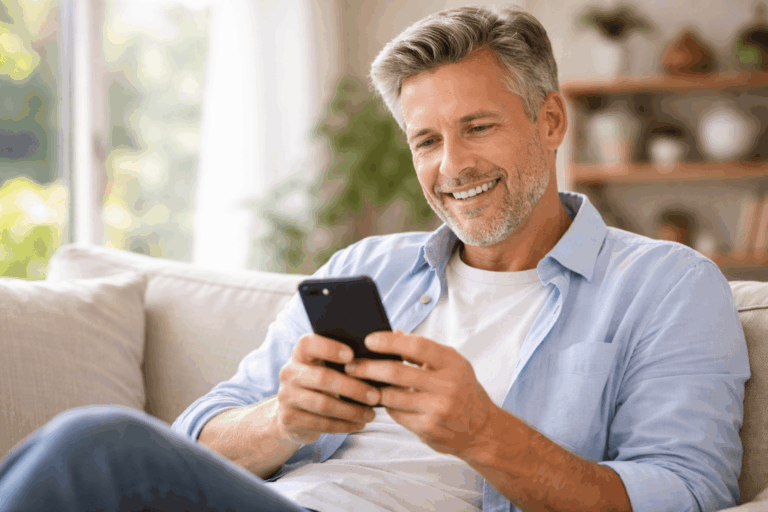 vision-augenlasern-Mann auf Sofa mit Smartphone